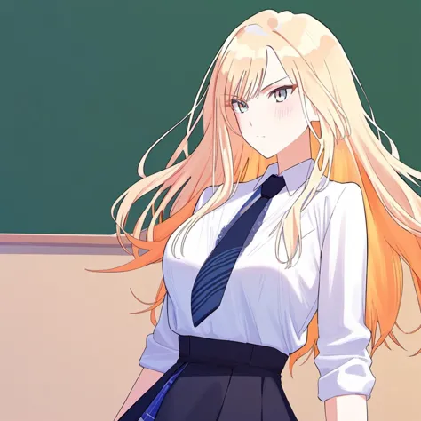 score 9, score 8 up, score 7 up, source anime, 1girl, juo_sena, classroom,   <lora:gakuen_idolmaster_pony:1>, white shirt, multicolored hair, necktie, blonde hair, orange hair,