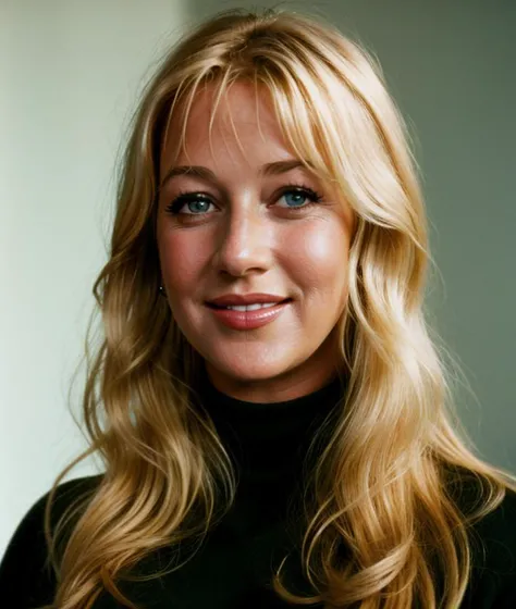 a close up of a woman with long blonde hair and a black turtle neck