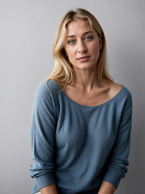 a woman in a blue sweater sitting on a chair