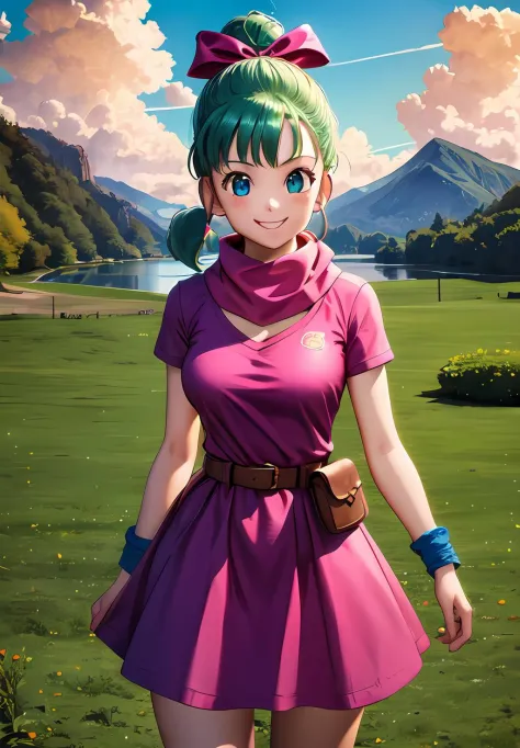 (Photo:1.3), highdetail, <lora:Bulma_teen:0.8>, Bulma_teen, 1girl, solo, long hair, looking at viewer, blush, smile, bangs, blue eyes, dress, bow, ribbon, standing, hair ribbon, short sleeves, thighs, cowboy shot, outdoors, green hair, sky, day, belt, cloud, water, scarf, blue sky, short dress, grass, building, wristband, pink dress, clothes writing, pouch, brown belt, river, lake, (acclaimed, alluring, captivating, exciting, gorgeous, striking:1.3), (trending on artstation:1.3)