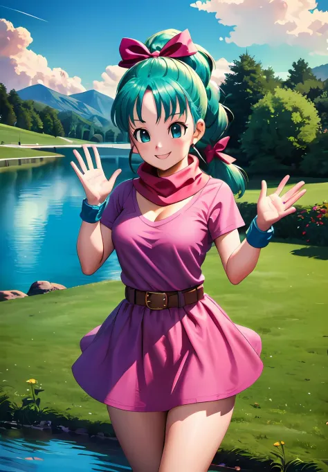 (Photo:1.3), highdetail, <lora:Bulma_teen:0.8>, Bulma_teen, 1girl, solo, long hair, looking at viewer, blush, smile, bangs, blue eyes, dress, bow, ribbon, standing, hair ribbon, short sleeves, thighs, cowboy shot, outdoors, green hair, sky, day, belt, cloud, water, scarf, blue sky, hands up, short dress, grass, building, wristband, pink dress, clothes writing, pouch, brown belt, river, lake, (acclaimed, alluring, captivating, exciting, gorgeous, striking:1.3), (trending on artstation:1.3)