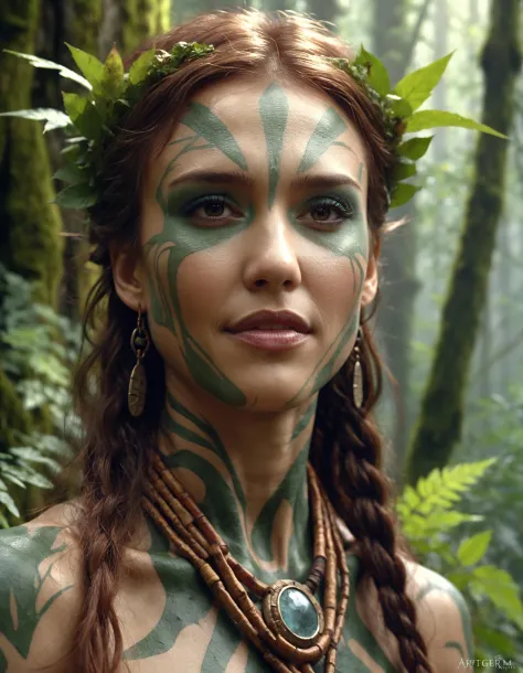 A closeup portait of ((ohwx woman)) an ancient druid made of bark, she live hidden in the vegetation of a forgotten forest, highly detailed painting, by Artgerm and Raphael Lacoste   <lora:jessicaalba_dh128_v1_sdxxxl:1>