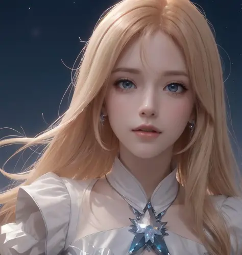 hair red gradient blonde,  night sky, detailed face, face focus, shiny skin, game cg, nigh sky, moonlight, moon,  white gloves, magical girl beauty in dress glass, Intricate Surface Detail,  Crystal Core , Ethereal Fantasy, Realistic, Fiction, Full-HD, 8K Photo