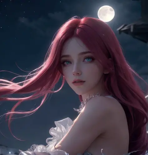 hair red gradient ,  night sky, detailed face, face focus, texture pores skin, game cg, nigh sky, moonlight, moon,  white gloves, magical girl beauty in dress glass, Intricate Surface Detail,  Crystal Core , Ethereal Fantasy, Realistic, Fiction, Full-HD, 8K Photo