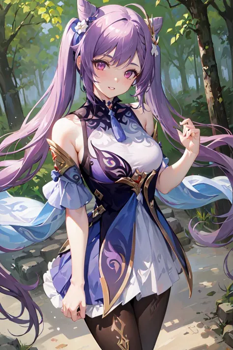 a close up of a woman with long purple hair in a forest