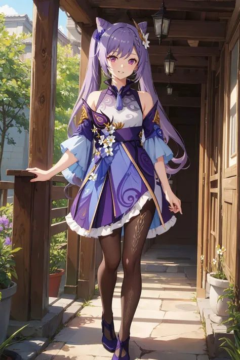 <lora:KeqingCharacter:1>, keqing,full body, solo,purple hair, forehead, cone hair bun, purple eyes, hair flower,hair ornament, twintails, long hair, smile, parted lips, looking at viewer, pantyhose, standing, dress, bare shoulders, (masterpiece, best quality, high quality, highres, ultra-detailed),