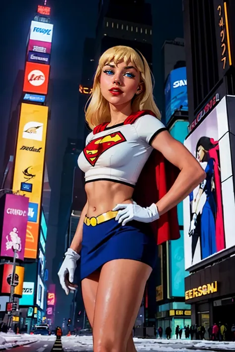 Supergirl, long blonde hair, blue eyes, red lipstick, black hairband, white croptop, short sleeves, red cape, blue skirt, upskirt, white gloves, looking at viewer, serious, standing, upper body shot, hands on hips, outside, city, times square, snow, winter...