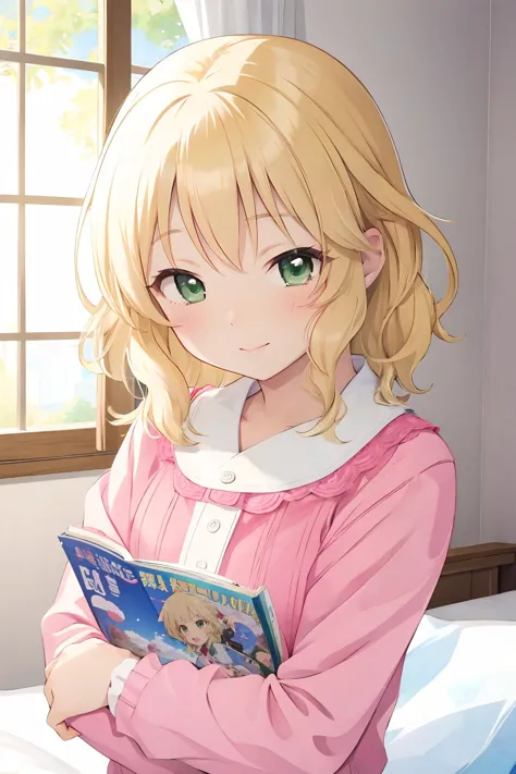 anime girl reading a book in bed with a window in the background