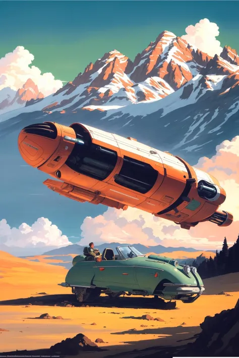 Vehicle, Landspeeder, <lora:Landspeeder-fc-v1:1>, painting by sargent and rhads and leyendecker and greg hildebrandt evening sky...