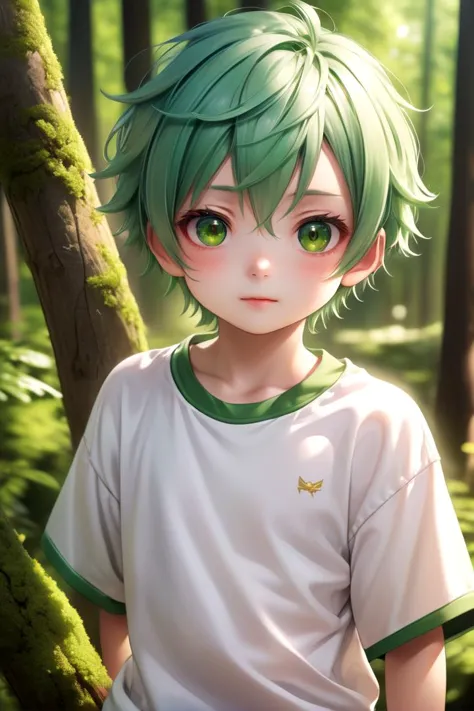 <lora:cutified_anime_character_design:0.4>  nobu 1boy, masterpiece, ultra detail, forest, (yellow eyes:0.5), (cute shirt:1.3), green hair