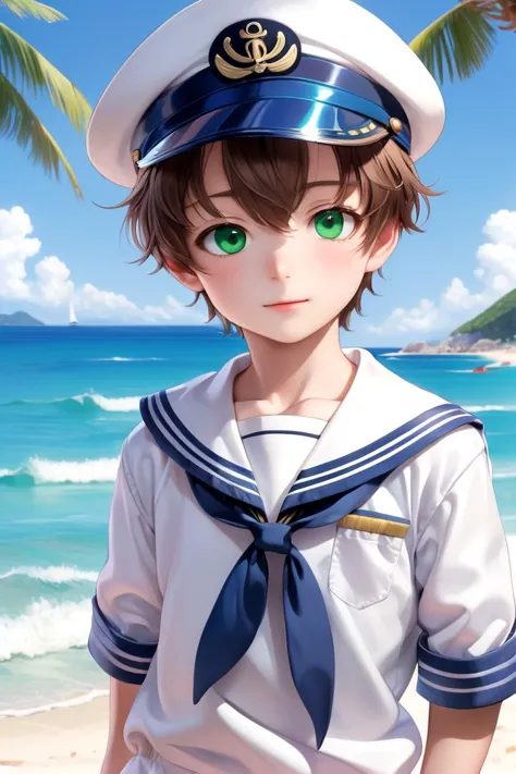 <lora:cutified_anime_character_design:0.4>  1boy, isao , brown hair, hat, masterpiece, ultra detail, beach, green eyes,  white sailor shirt with blue collar, blue sailor pants