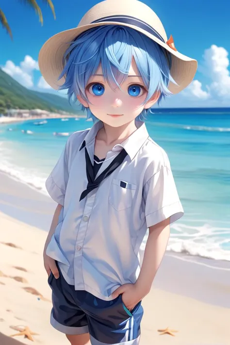 <lora:cutified_anime_character_design:0.4>  1boy, aoi , blue hair, hat, masterpiece, ultra detail, beach, blue eyes, (cute shirt...