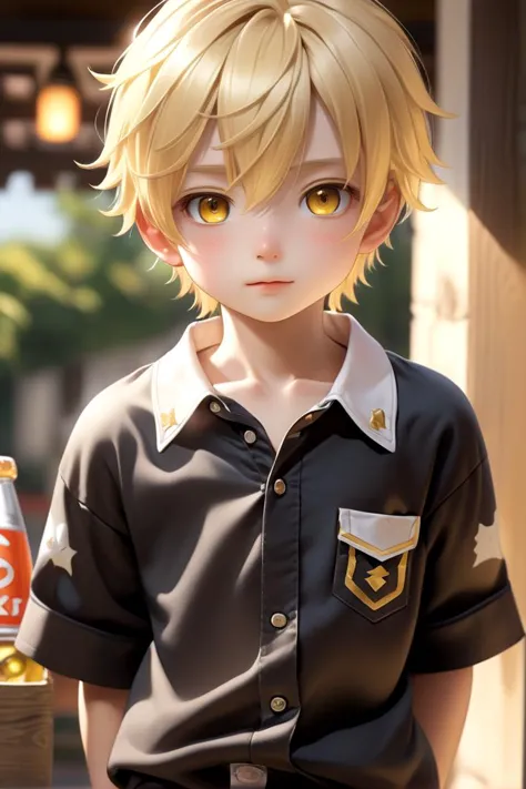 <lora:cutified_anime_character_design:0.4>  nao, 1boy, masterpiece, ultra detail, tavern, (yellow eyes:0.5), (cute shirt:1.3), blonde hair