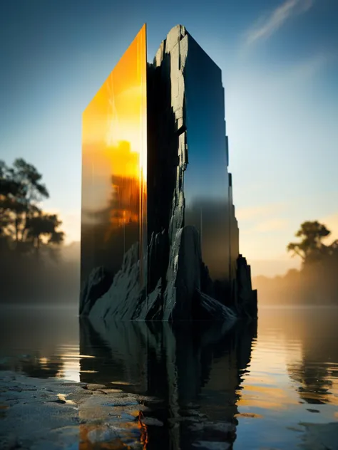 digital art, semi-abstract "the monolith of longing", shallow depth of field, fine art, tranquil, destructive art, hard light, f...