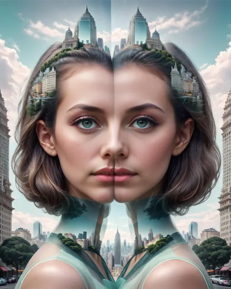 concept art (ultrarealistic:1.3) <lora:ffusion_week_2_-_top_100:1> a woman's head is in the middle of a city, double-exposure, d...