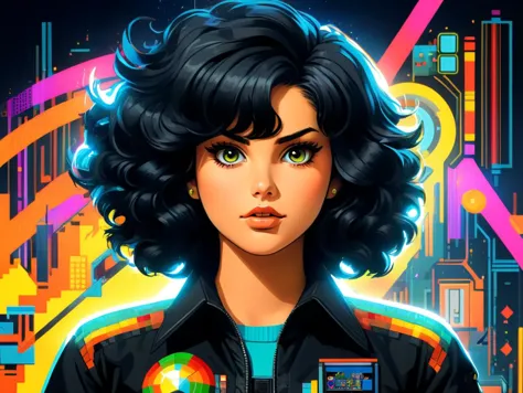 retro arcade style digital art, supersized (female engineer:1.2) , black awe-inspiring hair, hurricane, realistic, atomicpunk, 8...