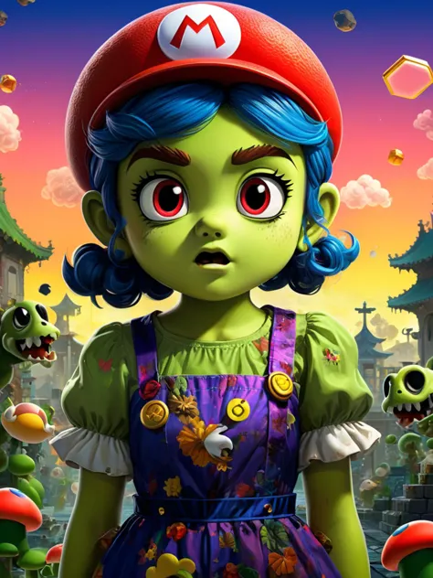 Super Mario style digital art, intricate background, (Female Zombie:1.2) , Producing a movie, Bathed in shadows, Neo-Dadaism Art, Film Washi, art by Ruan Jia, 1girl, solo, 4k, highly detailed  <lora:FF-Midj-Top-v0565:1> <lora:FF-idle-WALLP:0.269> <lora:MidJ_Last_500_-_Experiment:0.19> <lora:FF-Midj-Last-v0563:0.11> <lora:FF-Midj-Top-v0564-FA-TX:0.34> <lora:FF-idle-ColorZ:0.269> . Vibrant, cute, cartoony, fantasy, playful, reminiscent of Super Mario series