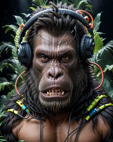 hyperrealistic art <lora:ff-mj-week2-hot:1> a gorilla with headphones on his head, headphones dj rave, hq 4k wallpaper, wallpape...