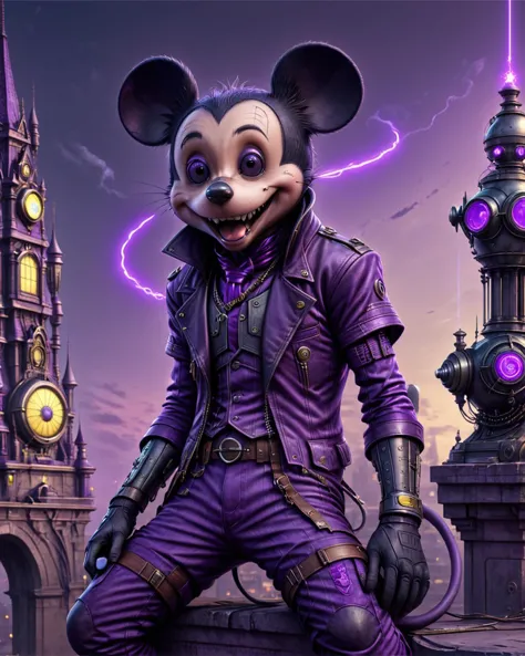 concept art (ultrarealistic:1.3) <lora:ffusion_week_2_-_top_100:1> a mickey mouse in a purple outfit sitting on a ledge, cyberpu...