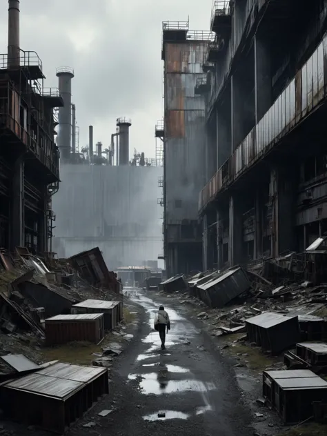 cinematic film still <lora:FF-Midj-Rise-v0564:1> there is a picture of a factory with a lot of construction, industrialpunk papier - colle, oilpunk, apocalyptic architecture, architect lebbeus woods, scrapyard architecture, james jean and yoji shinkawa, fzd school of design, dieselpunk norilsk city, intricate environments, structure : kyle lambert, by Anselm Kiefer there is a man walking down a path in the mountains, sylvain sarrailh and igor morski, cgsociety 9, by Filip Hodas, 4 k matte painting, jessica rossier color scheme, antoine collignon, 3d digital art 4k, realistic digital art 4 k, realistic digital art 4k, style of kilian eng . shallow depth of field, vignette, highly detailed, high budget, bokeh, cinemascope, moody, epic, gorgeous, film grain, grainy