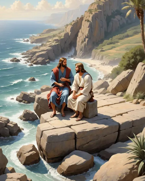 Strategy game style <lora:FF-Style-Mid-HOT-Week3.LORA:1>,"jesus and john sitting on rocks, steve henderson and mark brooks, greg olsen, biblical painting, bible illustration, serene emotion, by Scott Gustafson, beautiful depiction, by Nelson Alexander Ross, serene illustration, jesus, by Jason Benjamin, calmly conversing 8k, james gurney and andreas rocha, serene scene, by Marshall Arisman" . Overhead view, detailed map, units, reminiscent of real-time strategy video games