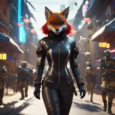 cinematic photo <lora:FF-Midj-Last-v0563:1> there is a woman in a cat suit walking down a street, loba andrade from apex legends, cgsociety unreal engine, an anthropomorphic cyberpunk fox, artgerm ; 3d unreal engine, unreal engine character art, cgsociety 9, female anthropomorphic wolf, cinematic smooth unreal engine, cinematic unreal 5, unreal engine art   . 35mm photograph, film, bokeh, professional, 4k, highly detailed