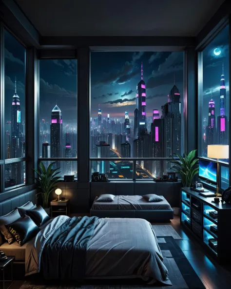 concept art <lora:FF-Week2-MJ-RIsing:1> a bedroom with a view of the city, cyberpunk bedroom at night, dark bedroom, night time ...