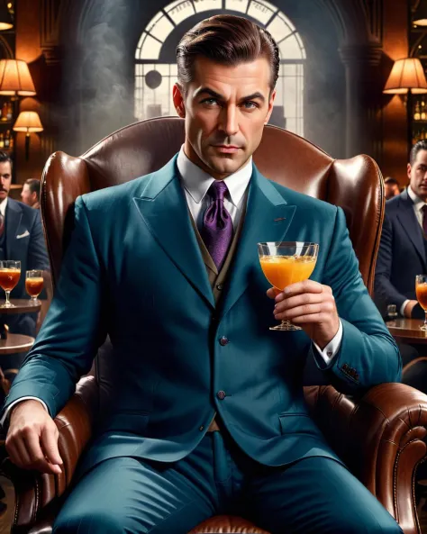 concept art (Ultrarealistic:1.3) <lora:FF-WEEK2-MJ-NEW:1> a man in a suit sitting in a chair with a drink, epic and classy portr...