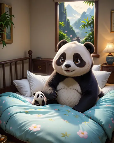 concept art (Ultrarealistic:1.3) <lora:FF-WEEK2-MJ-NEW:1> a panda bear and a girl in bed, adorable digital painting, by Yu Zhidi...