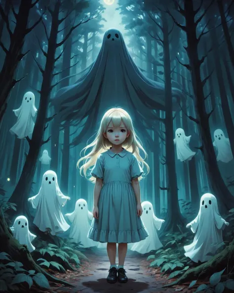 arte de anime "a painting of a girl in a dark forest with a lot of Fantasmas, Fantasmas, em uma floresta assustadora, uma ilustração de fantasia sinistra, Crianças fantasmas, ilustração de pesadelo, ilustração escura, ilustração sonhadora, preguiçoso |, espíritos fantasmagóricos, arte conceitual nostálgica e misteriosa, estilo de arte misterioso, ilustração de terror, pintura de conto de fadas, jovem fantasma pálida, uma bela ilustração de arte" . estilo anime, chave visual, vibrante, Anime de estúdio,  Altamente detalhado