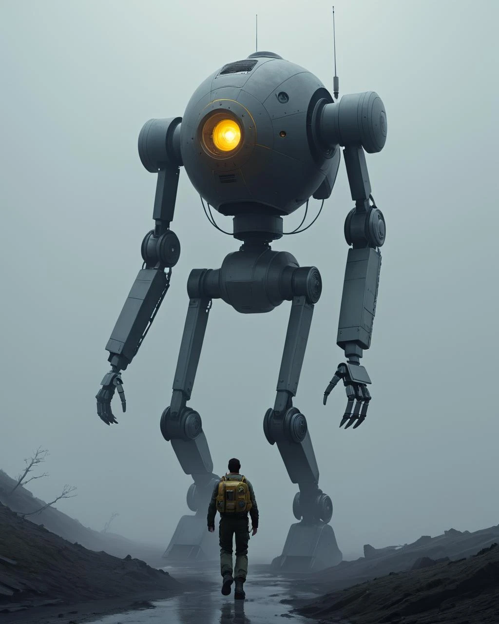 大きなロボットが霧の中を歩いているコンセプトアート, ヴォイテク・フュース, ドラマチックなSF映画の静止画, ルドヴィク・コナシェフスキー著 Jr, ロザルスキ, アルトゥール・タルノウスキー著, アダム・マルチンスキー著, 映画のコンセプトアート, ルドヴィク・コナシェフスキー著, 宇宙戦争, SFイラスト . デジタルアート, 説明的な, 絵画的な, マットペイント, 非常に詳細な