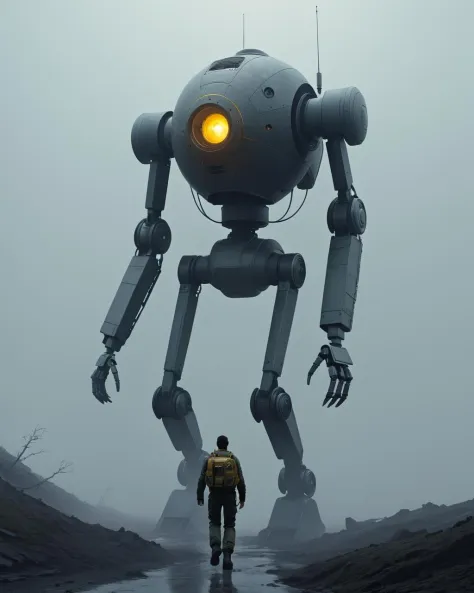 Konzeptkunst: Ein großer Roboter läuft durch den Nebel, Wojtek FUS, dramatisches Sci-Fi-Film-Standbild, von Ludwik Konarzewski Jr, Rozalski, von Artur Tarnowski, von Adam Marczyński, Konzeptkunst für Filme, von Ludwik Konarzewski, Krieg der Welten, Science-Fiction-Illustrationen . digitales Kunstwerk, illustrativ, malerisch, Mattes Malen, sehr detailliert