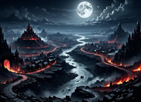 Legend of Zelda style a dark fantasia landscape with a moon and a dark city, paisagem da cidade do apocalipse, fundo do campo de batalha do banho de sangue, mordor como uma cidade movimentada, paisagem do apocalipse, ! paisagem do apocalipse!!, paisagem do apocalipse!!!!!, grimdark matte fantasia painting, dark fantasia city, rio sangrento no inferno, paisagem apocalíptica, cenário do inferno, Fundo do inferno, fantasia apocalypse environment, inspirado em Andreas Rocha . vibrante, fantasia, detalhado, épico, Heróico, reminiscente da série The Legend of Zelda