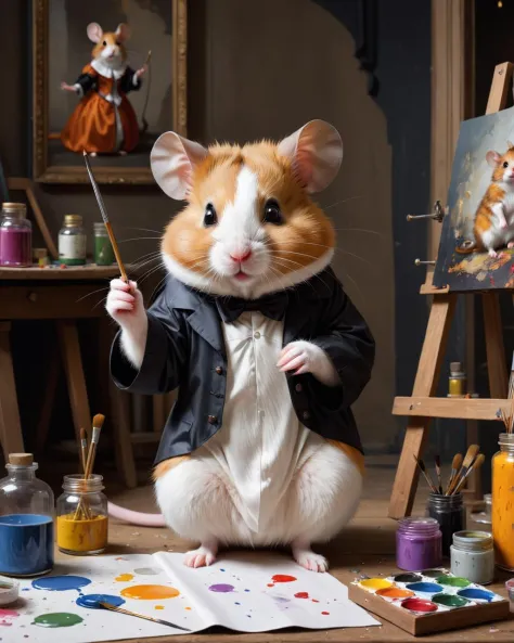 Typographic art <lora:FF-Style-Mid-HOT-Week3.LORA:1>,"a hamster is painting with paints, furry artist, a mouse in a gothic atelier, inspired by Gabriel Metsu, painting come to life, photo of a hamsters on a date, adorable digital painting, an epic painting...