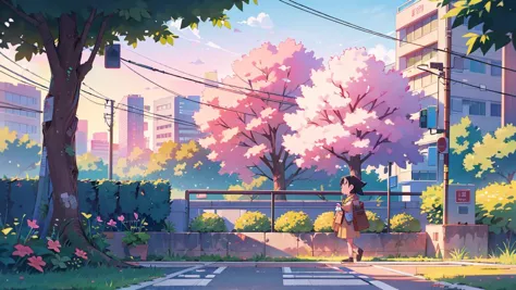 anime girl walking down the street with a pink tree in the background