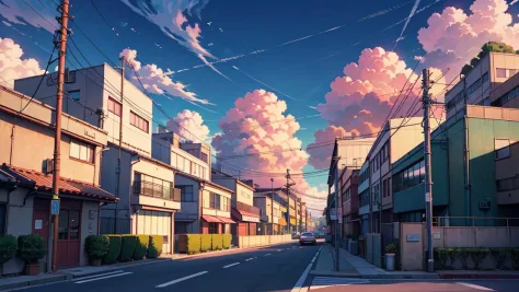 photography, animecity city building street, cable, pedestrian, tree, flower, at dawn, cloudy sky, cloud, pastel color, <lora:ARWAnimeCity:1>