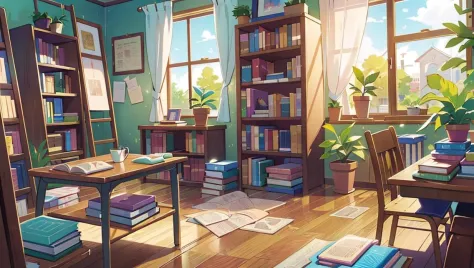 vnschoollibrary books racks, in the morning, windows, potted plant,  group of student, wooden floor, anime style,  <lora:ARWvnschoollibrary:1>