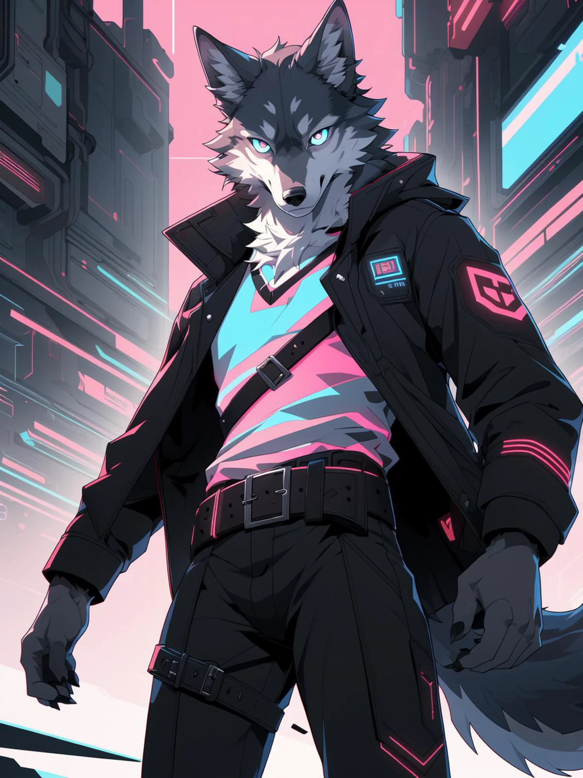 masterpiece, game poster, anime, 2d, illustration, digital media,
musuclar male, solo, wolf, canid,
cyberpunk, coat, black pants, belt,
glitch, bright eyes, detailed eyes,
green theme, pink theme, color contrast, 
dutch angle, standing, high-angle view