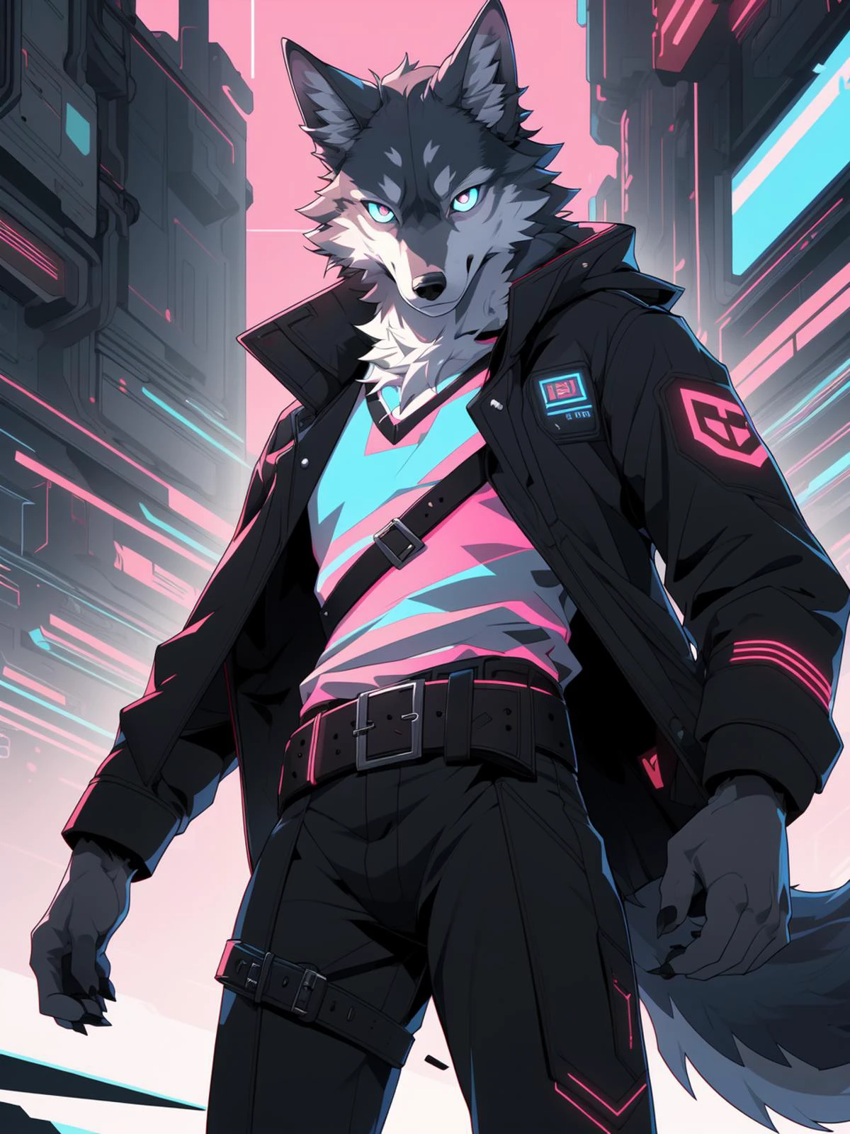 Meisterwerk, Spielposter, Anime-Serie, 2D, Illustration, digitale Medien,
muskulöser Mann, Allein, wolf, Hunde,
cyberpunk, Mantel, Schwarze Hosen, belt,
Panne, Strahlende Augen, detaillierte Augen,
grünes Thema, pink theme, Farbkontrast, 
holländischer Winkel, Stehen, Vogelperspektive