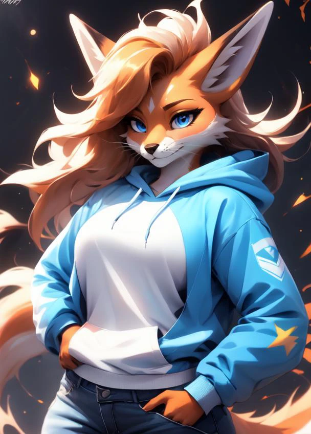 anthro fox, rexouium, female, long wavy hairs, swaggy, sexy pose, cropped hoodie, blue jean, dynamic scene,
goodstuffV1 