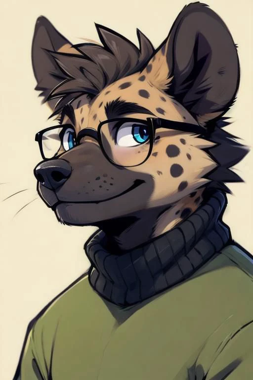 turtleneck, glasses, (by zackary911, by braeburned, by haps), male,hyena,anthro,kemono,cap, deep blue eyes,