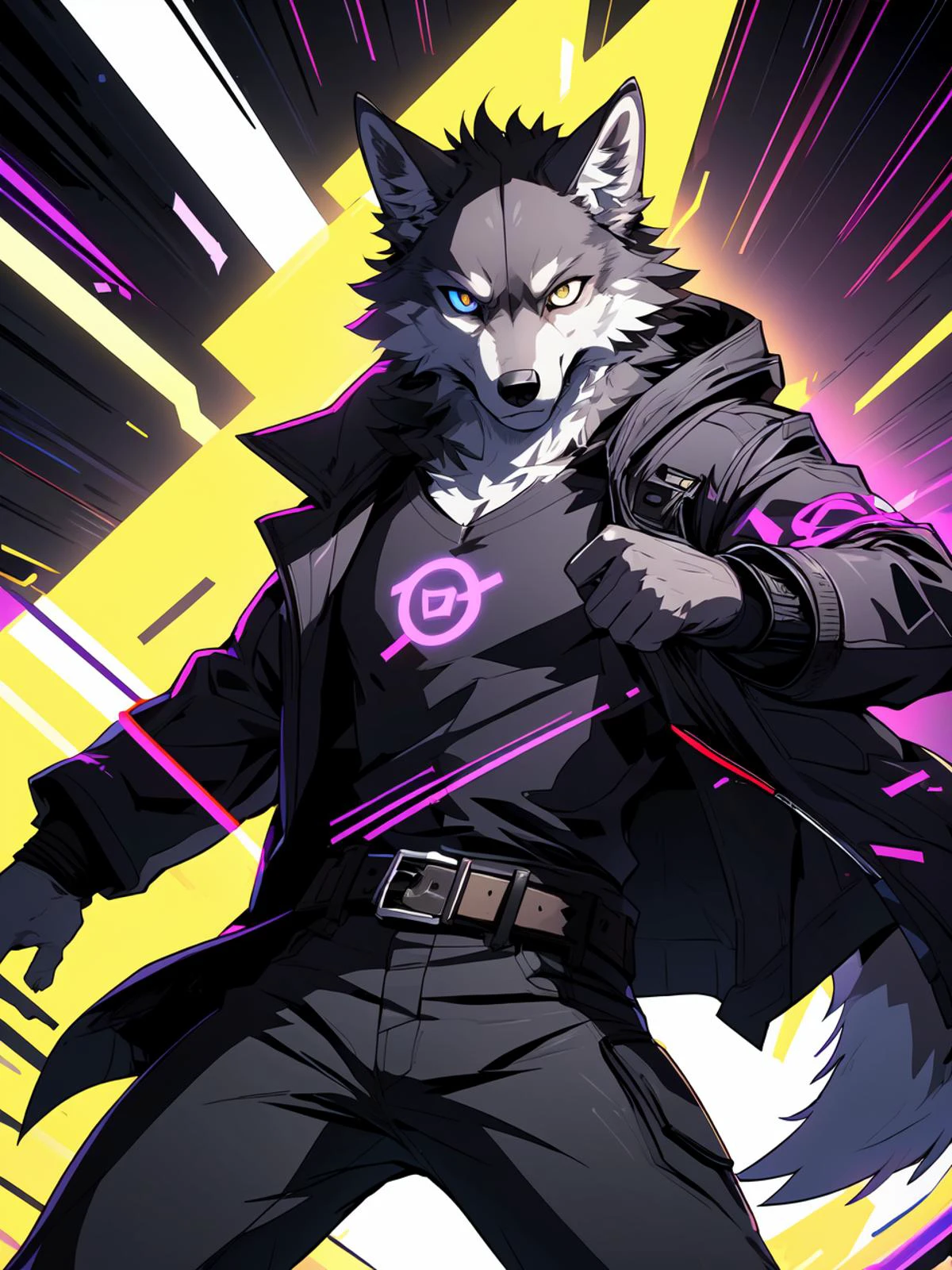 masterpiece, game poster, anime, 2d, illustration, digital media,
musuclar male, solo, wolf, canid, black pupils, 
cyberpunk, coat, black pants, belt,
glitch, bright eyes, detailed eyes,
yellow theme, purple theme, color contrast, fragments,
dutch angle, action pose, motion lines, icon, (symbol:1.2)