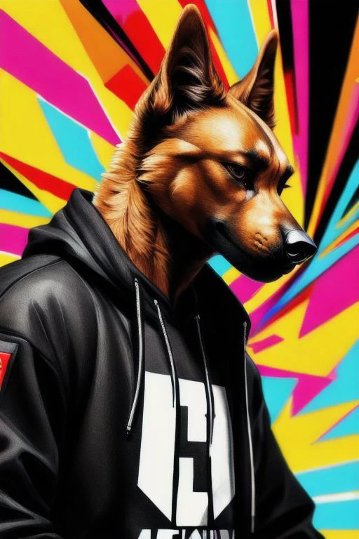 anthro dog, swaggy, defying look, angular style, edgy, bottom view, strong perspective, colorful, detailed style, (portrait:0.7), techwear hoodie, abstract background, relaxed, side view,