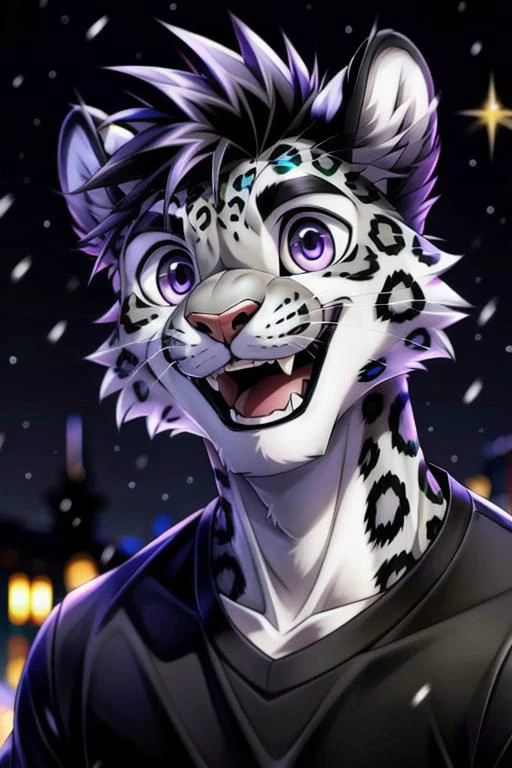 anthro snow leopard, hairs, solo male in the background, cold night, happy, smiling opened mouth, purple eyes, adult, black shirt, adult,
(best quality, good quality:1.4)