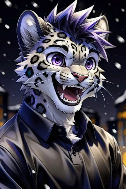 anthro snow leopard, hairs, solo male in the background, cold night, happy, smiling opened mouth, purple eyes, adult, black shirt, adult,
(best quality, good quality:1.4)