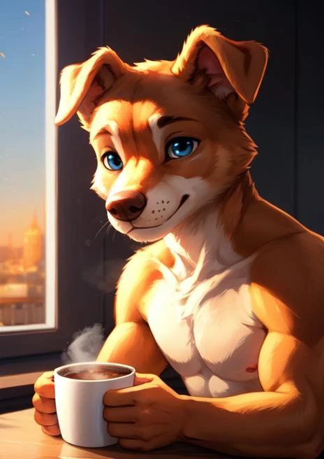 chien anthro buvant un café le matin,
marchandisesV1