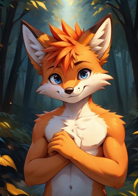拟人化的狐狸肖像站在森林里，毛发尖尖的，笑容可爱,
好东西V1