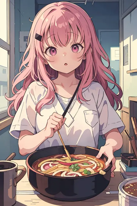 anime girl with pink hair holding a spoon and a bowl of noodles