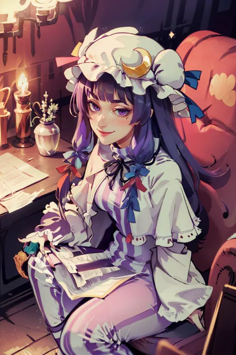 anime girl sitting in a chair with a book and a lamp