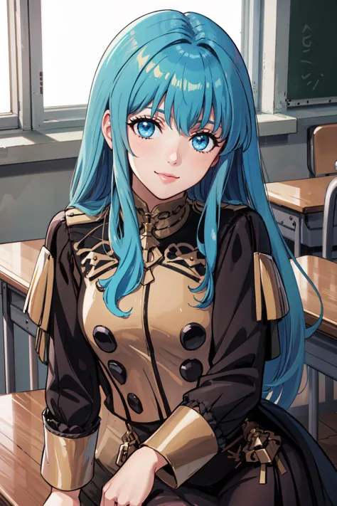 Inclinable,Haut du corps,sourire, gmuniforme,déf_eirika,collants,  regarder le spectateur,à l&#39;intérieur,Salle de classe, (chef-d&#39;œuvre, Meilleure qualité, ultra-détaillé, meilleure ombre)